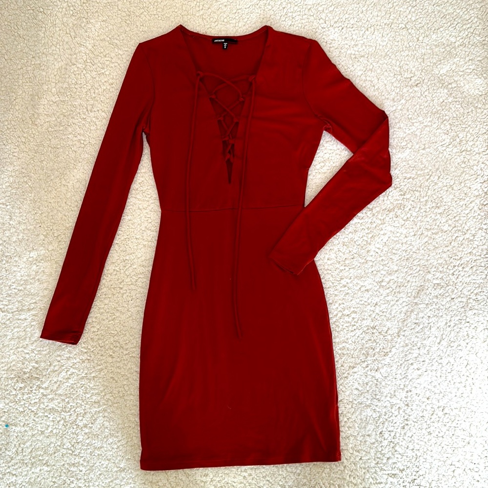 Love Couture Size S Rust Brown Lace Up Long Sleeve Dress